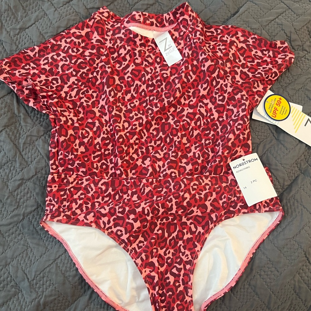 NWT Girls Size 14 Z by Zella Vibrant Red and Pink Leopard Bikini